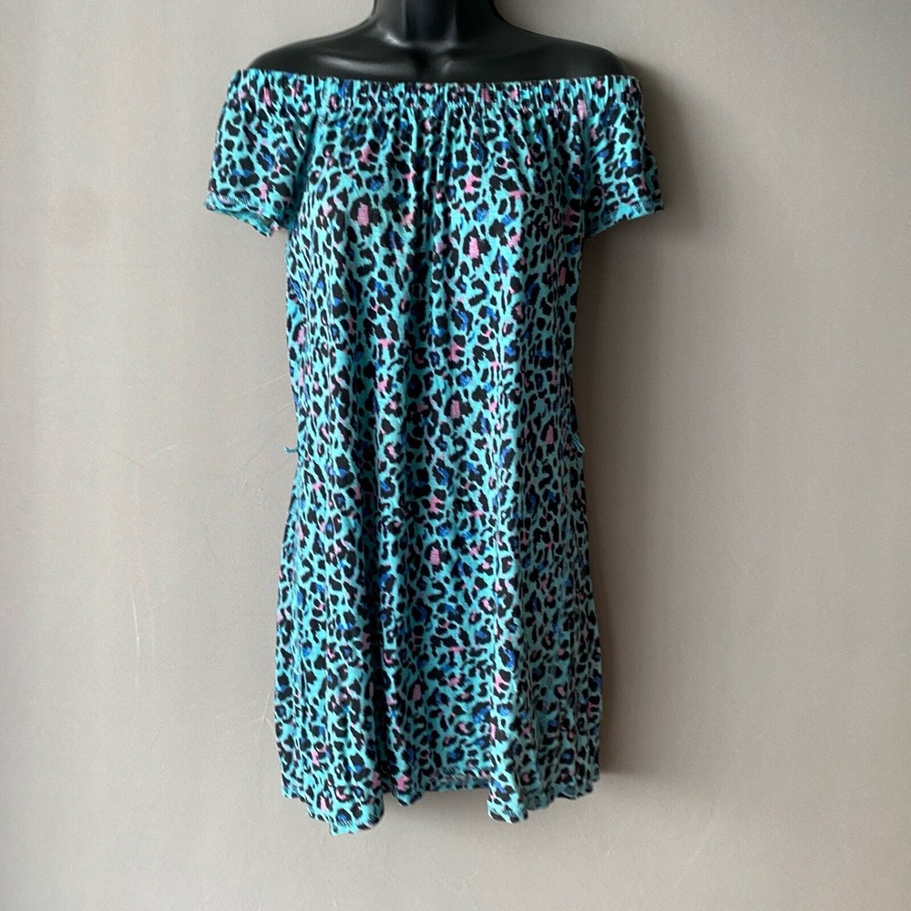 Vintage‎ Beach XS Teal Pink Leopard Off Shoulder Mini Dress Animal Print Summer